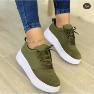 Speedupgadgets Women'S Fashion Casual Round Toe Thick-Soled Lace Up Canvas Sneakers