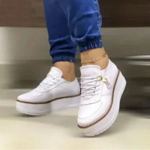 Speedupgadgets Women Fashion Round Toe Solid Color Pu Hidden Wedge Lace-Up Low Top Sneakers Shoes