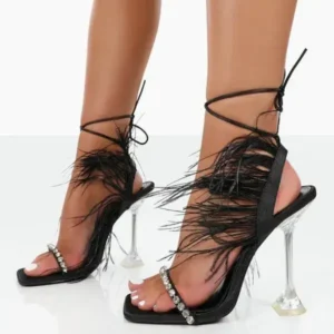 Speedupgadgets Women Fashion Sexy Rhinestone Feather Decorative Solid Color High Heel Sandals Shoes