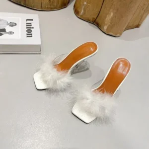 Speedupgadgets Women Fashion Sexy Feather Decoration Solid Color Chunky High Heel Slippers Shoes