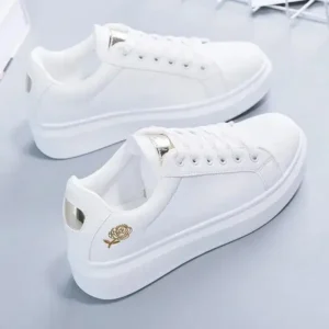 Speedupgadgets Women Casual Fashion Rose Embroidery Thick-Soled Comfortable PU Leather White Sneakers