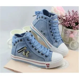 Speedupgadgets Women Casual Spring Zipper Decor Lace-Up High Top Denim Canvas Sneakers