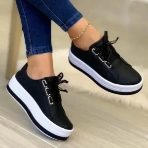 Speedupgadgets Women Casual Round Toe Lace-Up Block Color Platform Shoes PU Sneakers