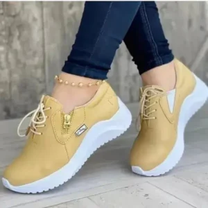 Speedupgadgets Women Casual Round Toe Low Cut Lace-Up PU Side Zipper Design Solid Color Sneakers
