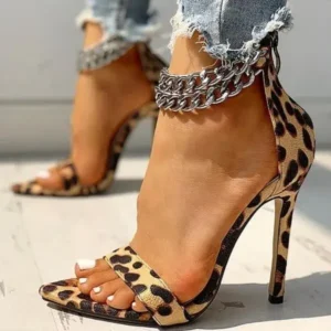 Speedupgadgets Women Sexy Metal Chain Buckle Ankle Strap Animal Printed High Heels