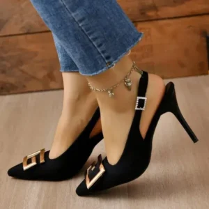 Speedupgadgets Summer Women Fashion Casual Plus Size Solid Color Pointed Toe Metal Buckle Sling Back High Heel Sandals