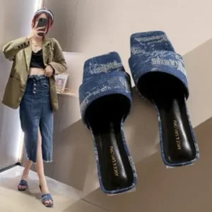 Speedupgadgets Women Fashion Casual PU Denim Square Toe Chunky Heel Slippers