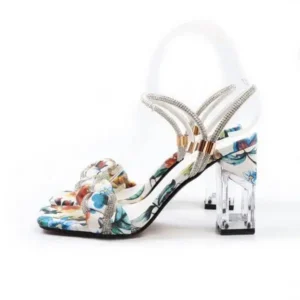 Speedupgadgets Women Fashion Sexy PU Rhinestone Floral Printed Square Toe Chunky Heel ?Sandals