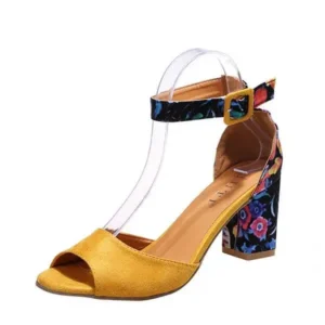 Speedupgadgets Women Fashion Sexy PU Floral Printed Peep Toe Chunky Heel Ankle Strap Buckle Sandals