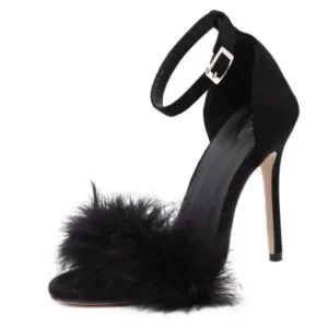 Speedupgadgets Women Fashion Sexy Solid Color Feather Peep Toe Stiletto Heel Ankle Strap Buckle Sandals