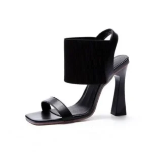 Speedupgadgets Women Fashion Elegant Solid ColorPU Square Toe Chunky Heel Elastic Sandals