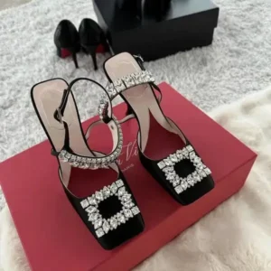 Speedupgadgets Women Fashion Elegant PU Square Toe Rhinestone Stiletto Heel Ankle Strap Buckle Sandals