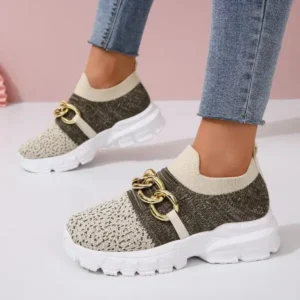 Speedupgadgets Women Fashion Color Block Metal Chain Thick-Soled Breathable Fly-Woven Sneakers