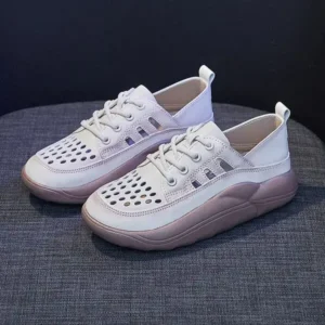 Speedupgadgets Women Fashion Casual Solid Color PU Lace-Up Hollow Breathable Sneakers