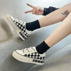 Speedupgadgets Women Fashion Platform Checkerboard Canvas Sneakers