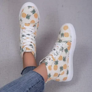 Speedupgadgets Women Fashion Round Toe Lace-Up Pineapple Strawberry Flat Sneakers