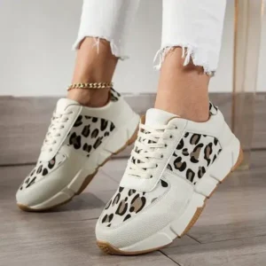 Speedupgadgets Women Fashion Round Toe Stitching Lace Up Low Top Leopard Sports Sneakers